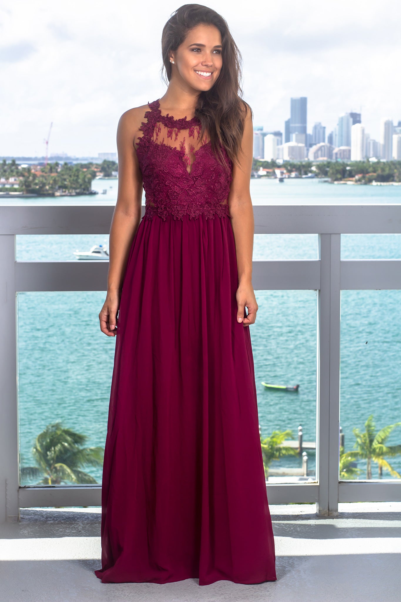 Deep Berry Maxi Dress with Lace Top ...